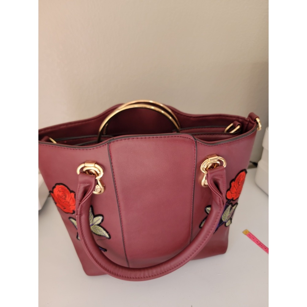 Vintage Women's Burgundy Floral Embroidered 2-Piece Handbag Set Gold Tone - Picture 11 of 11
